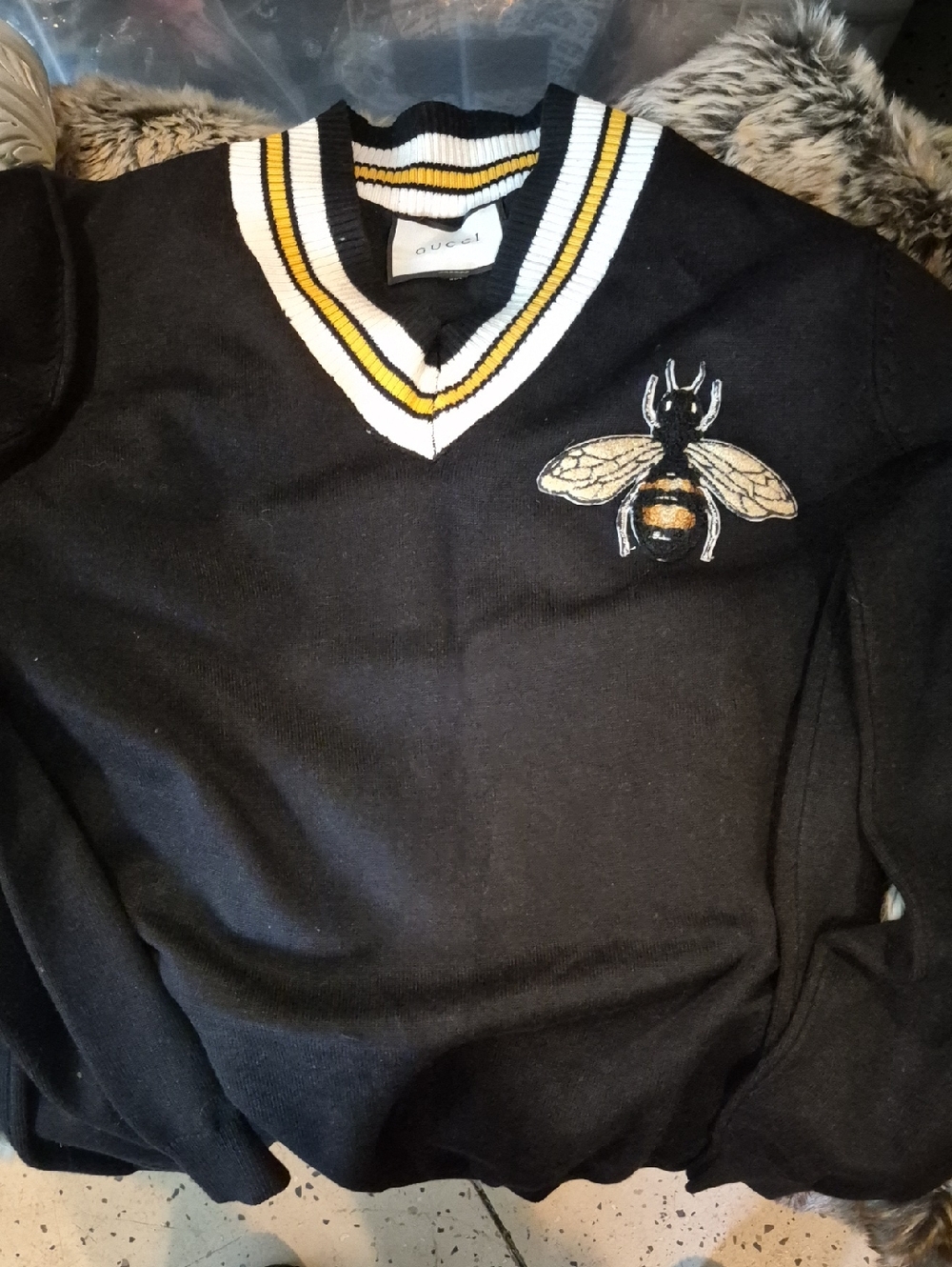 Black V-Neck Sweater with Bee Embroidery - Luxury Style